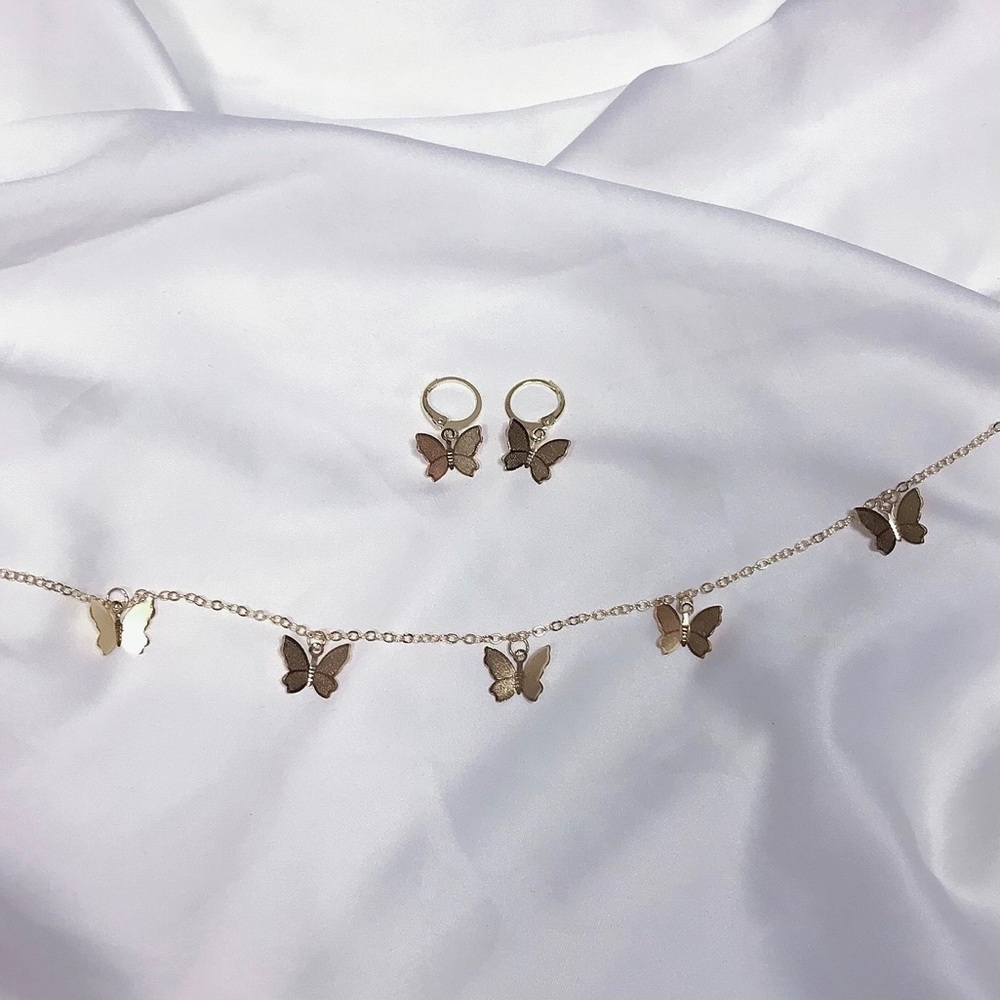 Gold Butterfly Choker Necklace and Earrings Set
